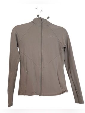 ILUS Label Full-Length Zip Track Jacket | Size XL | Taupe Neutral Hooded Jacket